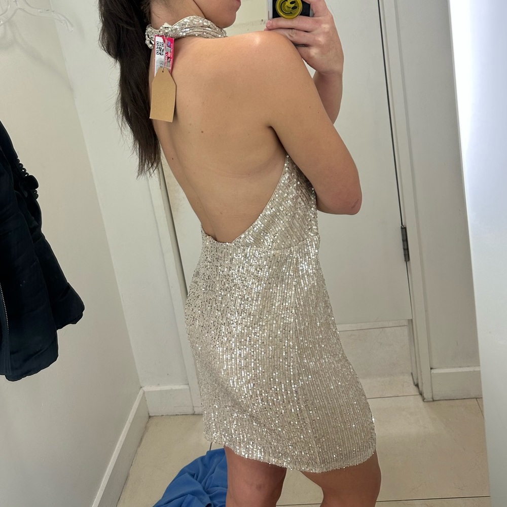 champagne/silver backless halter neck sequin mini dress